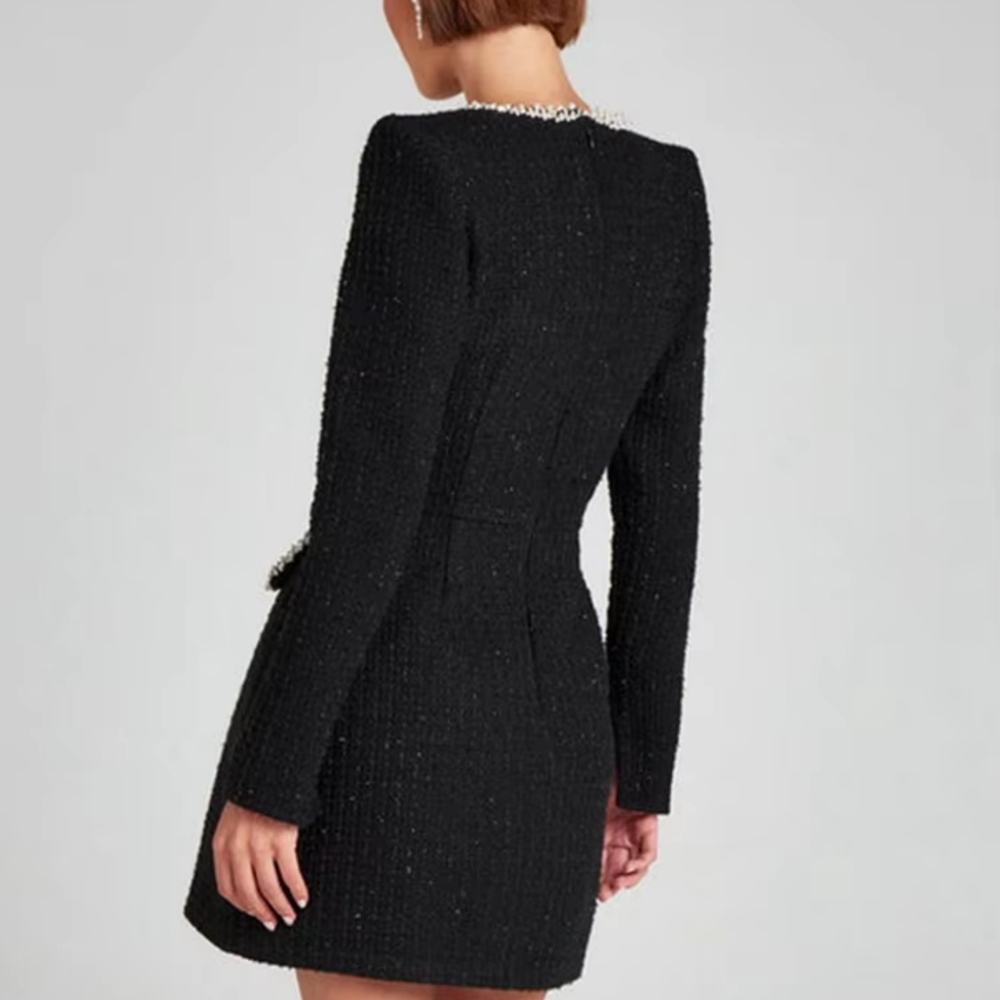 Tweed Long Sleeve Dress Women Fashion Shiny Square Collar Shoulder Pads Dress - Picture 5 of 10
